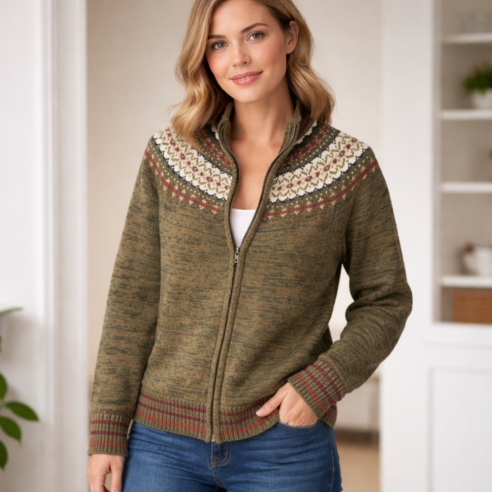 Tiara‎ International Womens Small Zip Up Nordic Fair Isle Knit Sweater Green